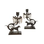 A PAIR OF REGENCY BRONZE AND CUT GLASS HUNG LUSTRE CANDLESTICKS,