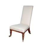 A ROSEWOOD AND UPHOLSTERED LOW NURSING CHAIR, PROBABLY BY GILLOWS,