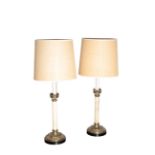 A PAIR OF VICTORIAN BRASS AND PAINTED METAL TABLE LAMPS,