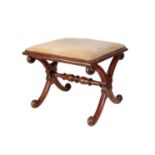 A MAHOGANY AND UPHOLSTERED STOOL,