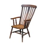 A GEORGE III ELM, OAK AND FRUITWOOD LATH BACK CHAIR,