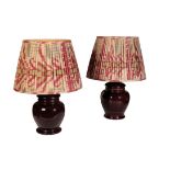 A PAIR OF BROWN GLAZED CERAMIC VASES LATER MOUNTED AS TABLE LAMPS,