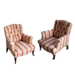 A PAIR OF VICTORIAN UPHOLSTERED ARMCHAIRS, BY HOWARD & SONS,