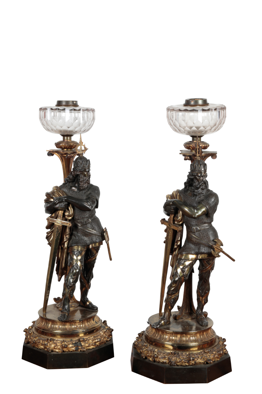 A PAIR OF FINE PATINATED AND PARCEL GILT BRONZE FIGURAL TABLE LAMPS,