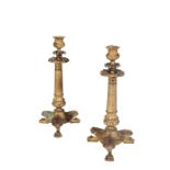 A PAIR OF RESTAURATION GILT BRONZE CANDLE STICKS,