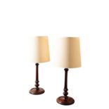 A PAIR OF STAINED MAHOGANY TABLE LAMPS IN GEORGE III STYLE,