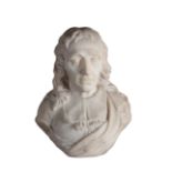 A SCULPTED WHITE MARBLE BUST OF JOHN MILTON (1608 - 1674),