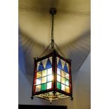 A VICTORIAN BRASS AND LEADED COLOURED GLASS HALL LANTERN,