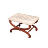A MAHOGANY AND BUTTON UPHOLSTERED STOOL,