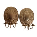A PAIR OF GILT BRASS THREE LIGHT WALL APPLIQUES, IN 17TH CENTURY STYLE,