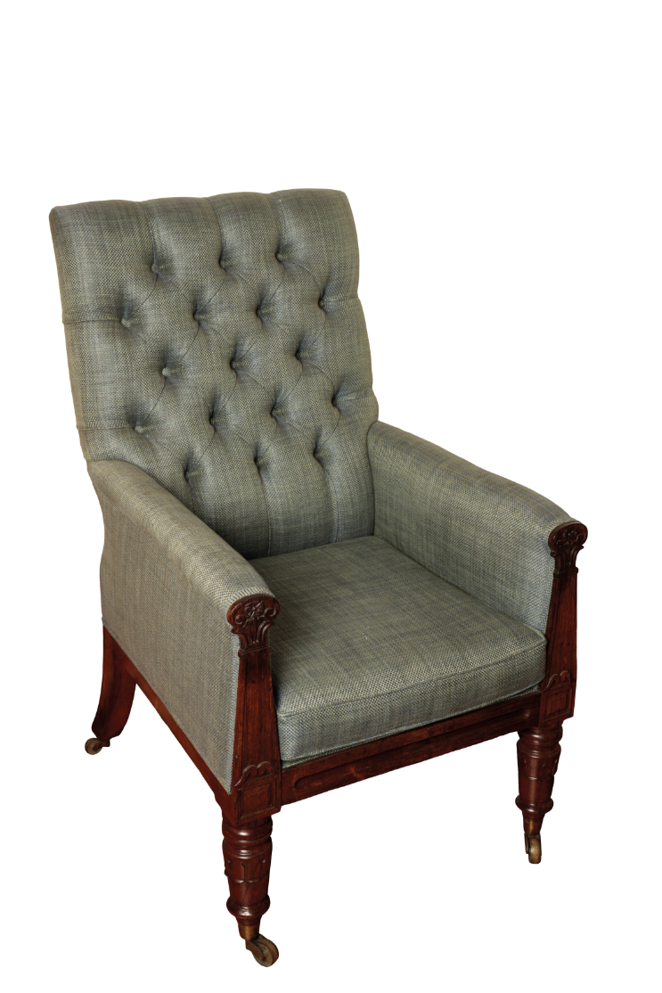 A GEORGE IV OR WILLIAM IV ROSEWOOD AND UPHOLSTERED LIBRARY ARMCHAIR, IN THE MANNER OF GILLOWS,