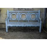 A BLUE PAINTED TEAK GARDEN BENCH, IN THE MANNER OF DESIGNS BY LUTYENS,