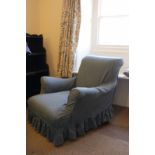 TWO LATE VICTORIAN OR EDWARDIAN UPHOLSTERED ARMCHAIRS,