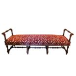 A VICTORIAN OAK AND UPHOLSTERED WINDOW SEAT,