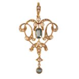 BELLE EPOQUE A 15CT YELLOW GOLD, AQUAMARINE AND SEED PEARL PENDANT