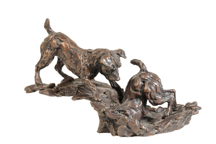 LUCY KINSELLA, (B.1960), A PATINATED BRONZE GROUP OF TWO TERRIERS,