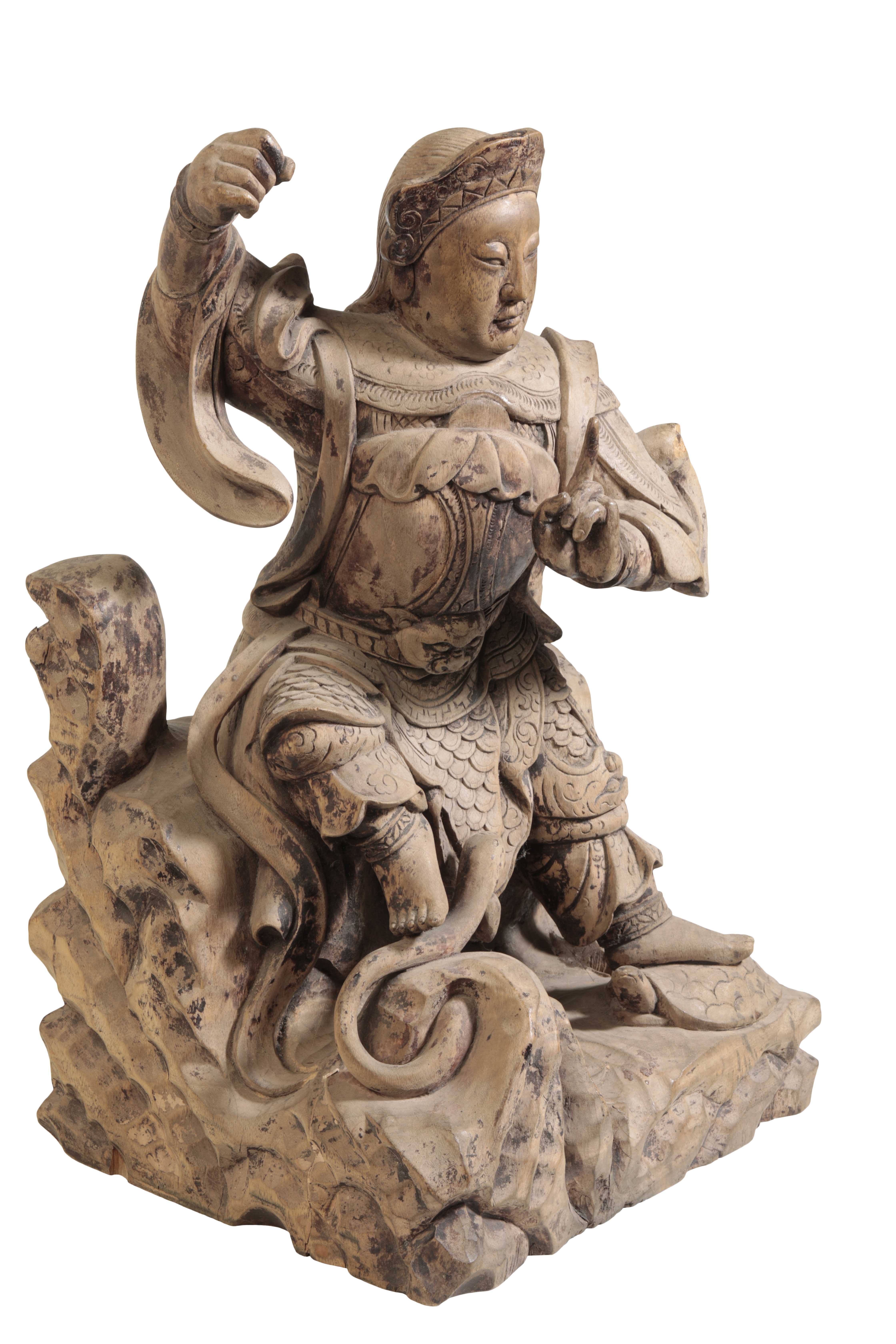 CARVED WOOD FIGURE OF GUAN YU, QING DYNASTY