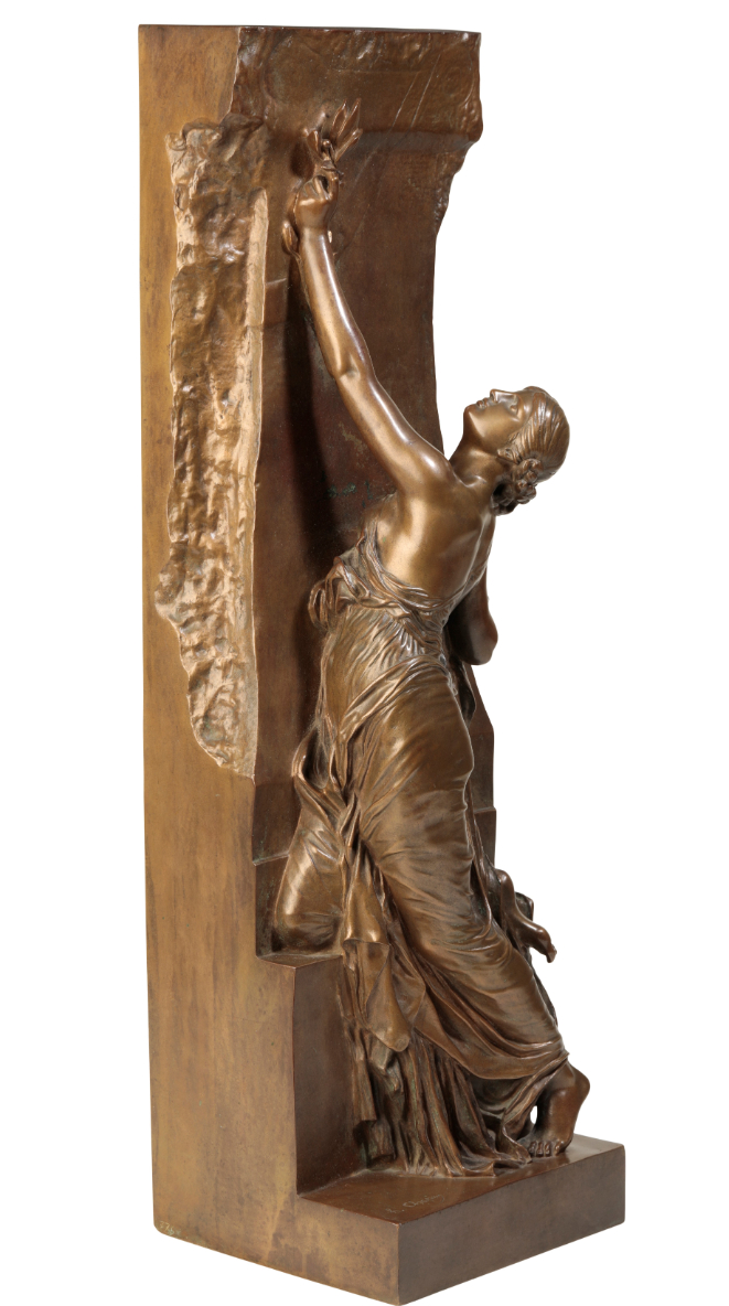 HENRI MICHEL ANTOINE CHAPU, (1833-1891), 'LA JEUNESSE', A RELIEF CAST BRONZE MODEL OF A MAIDEN,