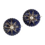 A PAIR OF LAPIS LAZULI DIAMOND AND PEARL BROOCHES