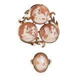 A TRIPLE CAMEO BROOCH