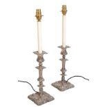 A PAIR OF SILVER PLATED CANDLESTICK TABLE LAMPS