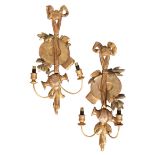 A PAIR OF CARVED AND GILTWOOD TWIN LIGHT WALL APPLIQUES,