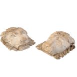 A PAIR OF LIMED WOOD LIONS MASKS