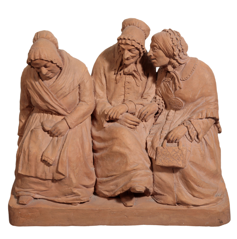 A TERRACOTTA GROUP OF THREE ELDERLY LADIES,