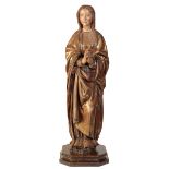 A FINE GOTHIC POLYCHROMED WALNUT FIGURE OF THE PRAYING VIRGIN