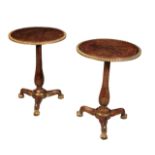 A PAIR OF REGENCY BRASS-INLAID TURTLESHELL CIRCULAR TRIPOD TABLES