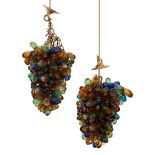 A PAIR OF COLOURED GLASS PENDANT LIGHTS IN THE FORM OF BUNCHES OF GRAPES