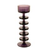 RONALD STENNETT-WILSON FOR WEDGWOOD: A LARGE FIVE-RING AMETHYST 'SHERINGHAM' ART GLASS CANDLESTICK