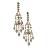 A PAIR OF EMERALD AND DIAMOND CHANDELIER EARRINGS