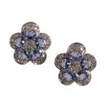 A PAIR OF TANZANITE AND DIAMOND CLUSTER EARRINGS