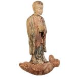 A CHINESE CARVED WOOD AND POLYCHROME LOHAN, PROBABLY LATE MING,