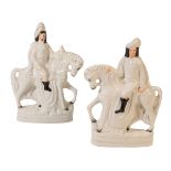 A PAIR OF LATE VICTORIAN STAFFORDSHIRE POTTERY FIGURES MODELLED AS EQUESTRIAN TROUBADORS