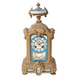 A FRENCH GILT-METAL AND SEVRES STYLE PORCELAIN PANELLED MANTEL CLOCK