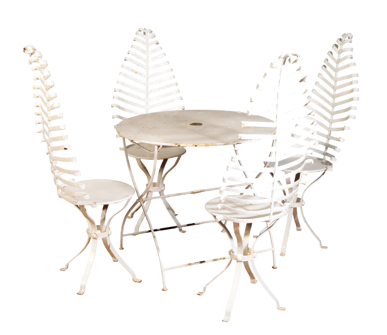 A SET OF FOUR WHITE-PAINTED WROUGHT-IRON GARDEN CHAIRS,
