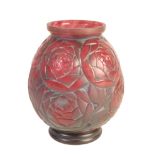 PIERRE D'AVESN: A FRENCH ART DECO MOULDED RED GLASS VASE