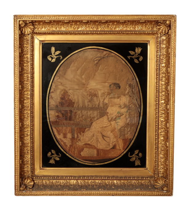 A REGENCY PAINTED-SILK AND WOOLWORK EMBROIDERED PICTURE