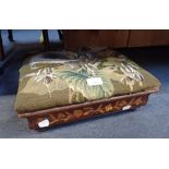 A DUTCH MARQUETRY FOOTSTOOL, WITH BEADED WOOLWORK FLORAL COVER