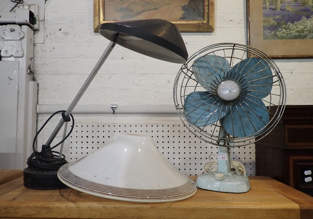 A VINTAGE AUSTRALIAN 'MISTRAL' TABLE FAN, AN ANGLEPOISE LAMP, EMSTON WIRELESS