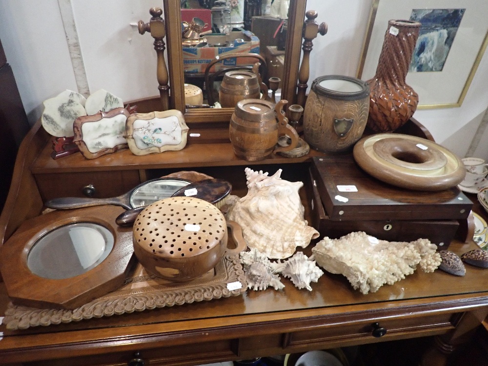 A COLLECTION OF WOODEN ITEMS, CHINESE PAINTED MARBLE PLAQUES