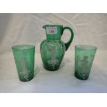 A 'MARY GREGORY' GREEN GLASS JUG