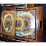 A WOODEN FRAMED TRAY DECORATED WITH BUTTERFLY WINGS