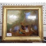 A NAIVE LATE 19TH CENTURY FOLK ART OIL ON BOARD PAINTING OF FARMYARD POULTRY
