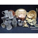 A VICTORIAN COPPER KETTLE, A HAND BELL, PEWTER PUB MUGS