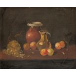 STILL LIFE OF FRUIT AND JUGS, OIL ON BOARD