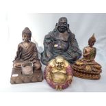 FIVE MODERN DECORATIVE BUDDA FIGURES