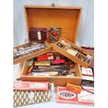 A WOODEN TOOLBOX, CONTAINING TOOLS